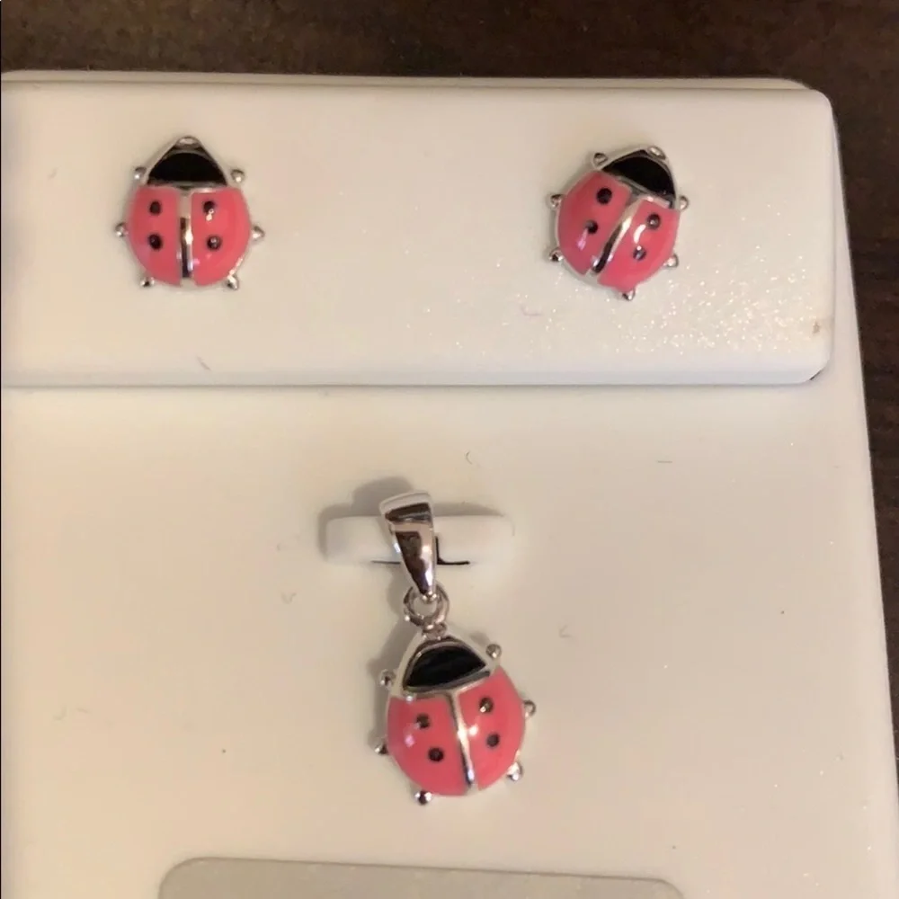 New 3pc set pink lady bug Earrings & Pendant